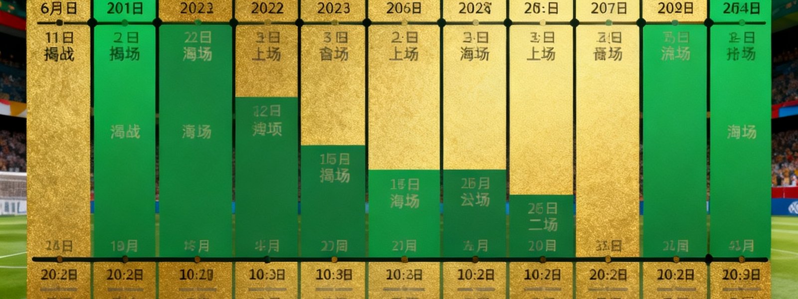 2026世界杯完整赛程日历信息图，展示从6月11日揭幕战到8月9日决赛的全部104场比赛时间轴，涵盖小组赛48场、淘汰赛16场，以金色和绿色色块区分不同阶段