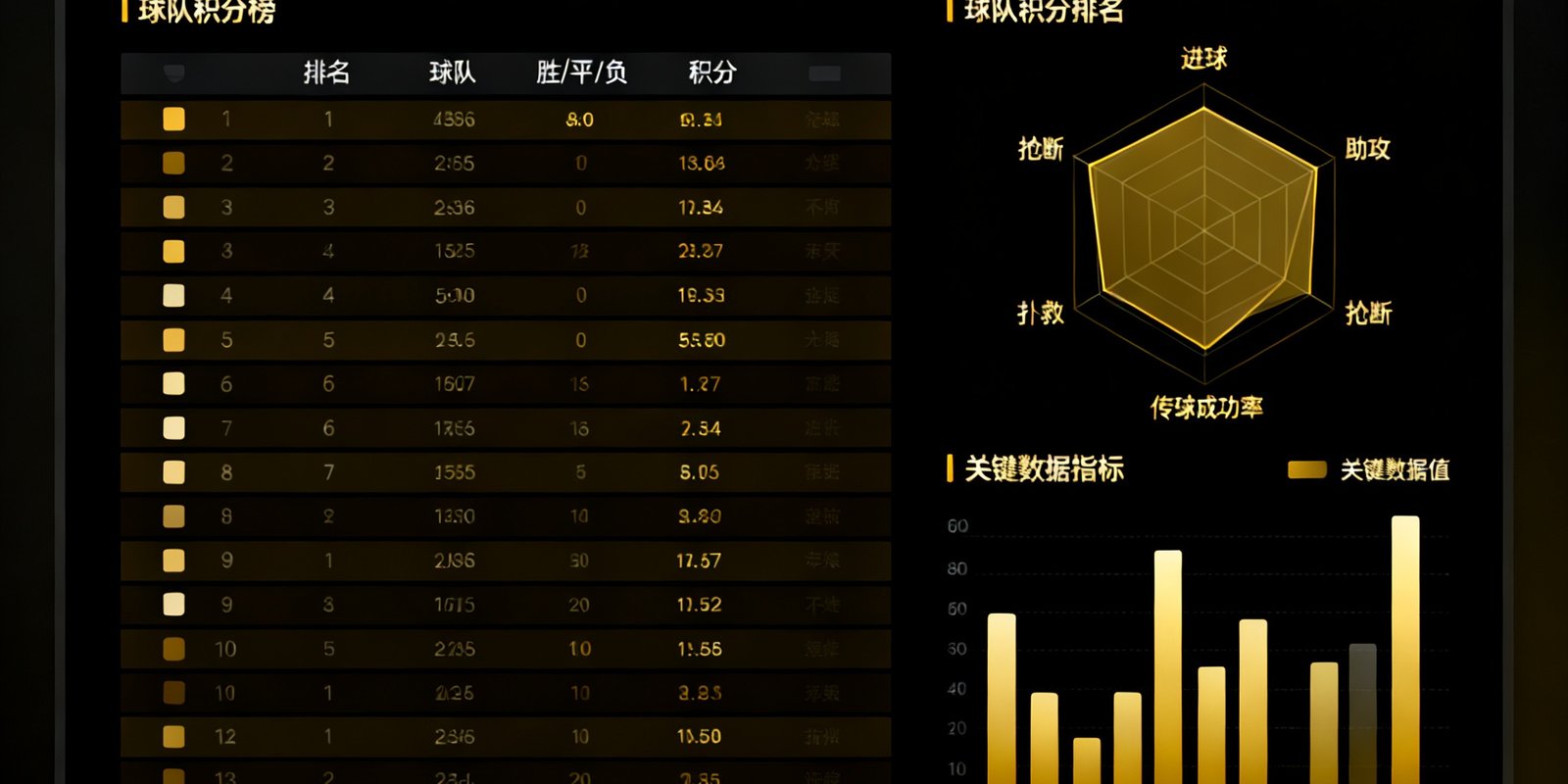 2026世界杯数据统计仪表盘界面截图，左侧展示球队积分榜排名，右侧以雷达图和柱状图展示球员关键数据指标，深色主题界面搭配金色数据高亮